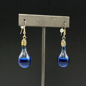 3/$30 Blue Glass Teardrop Dangle Earrings Liquid Filled Gold Tone Caps 2 Inch